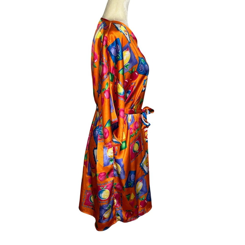 Vintage Vassarette Robe Size Large Kimono Fruit Colorful Orange Satin 90s Retro - Picture 2 of 9